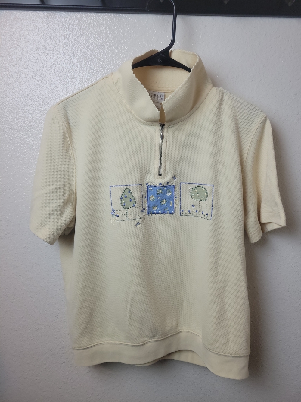 Koret Francisca Short Sleeve Embroidered Sz Large Top Vintage 1/4 Zip